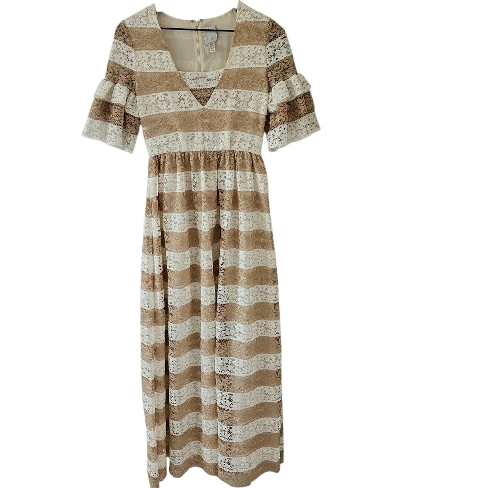 Huishan Zhang Resort 2017 Tan And White Stripe Lace Tiered Maxi Dress — image 2 of 8